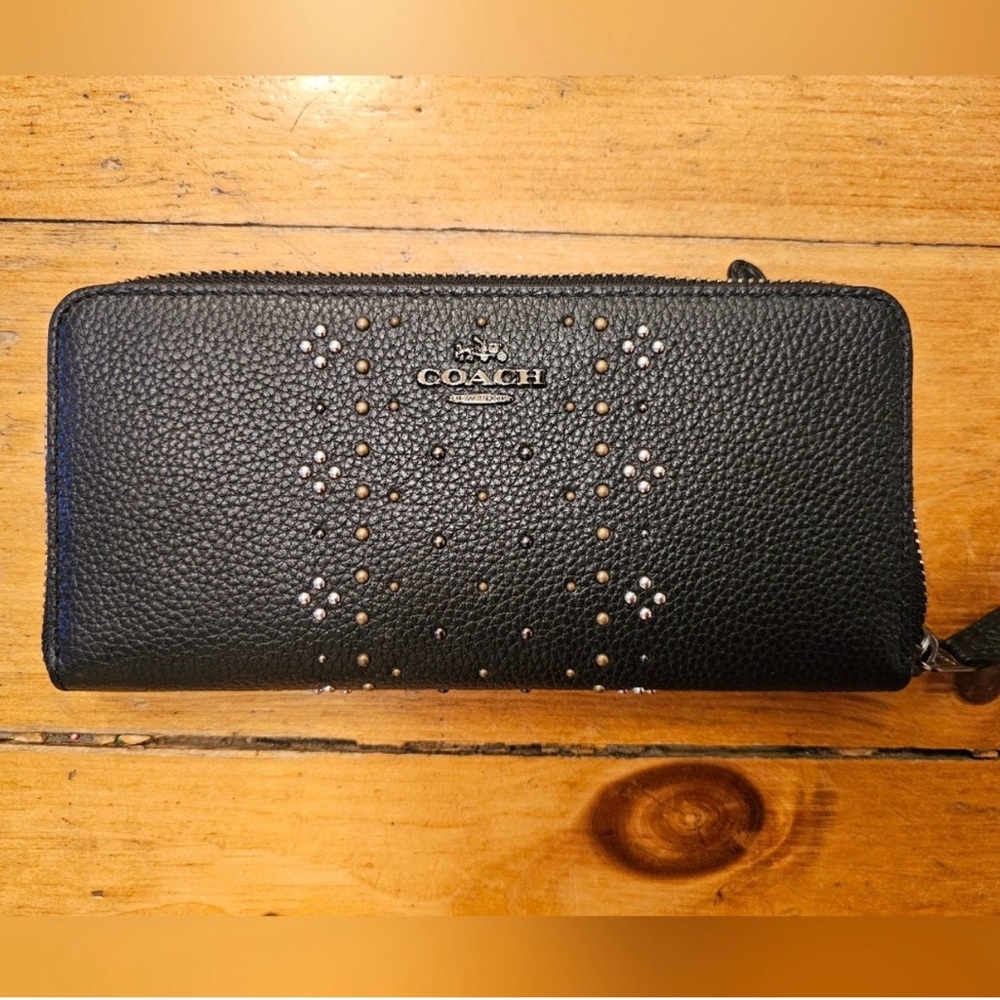 Coach Black Pebbled Leather Zip-Around Wallet with Stud Detail